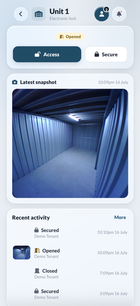 StorAxxS tenant app — Unit 1 with live in-unit camera snapshot and activity log