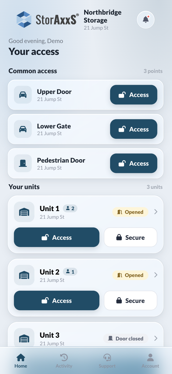 StorAxxS tenant app — Your access: gates, doors and units with one-tap access