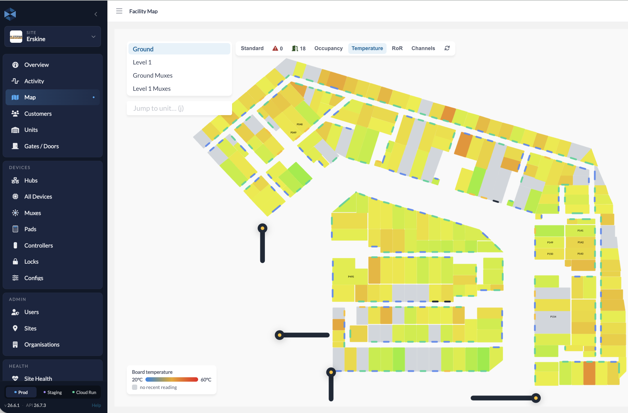 StorAxxS live facility map with per-unit status across the whole site
